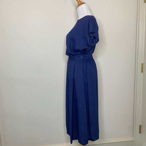 Vintage Blue Skirt Top Matching Set Vintage Rayon Flax Small - Picture 3 of 12